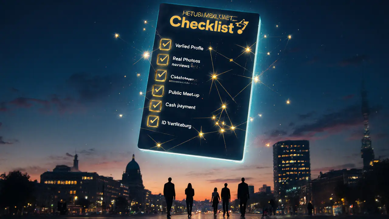 A digital safety checklist glowing above Berlin's skyline at dusk.