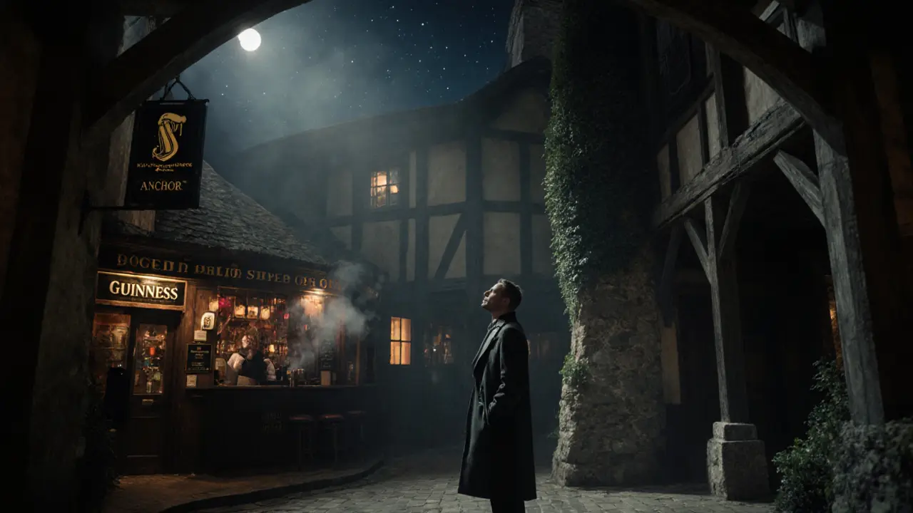 A lone theatregoer standing outside a centuries-old pub in a misty alley at midnight.