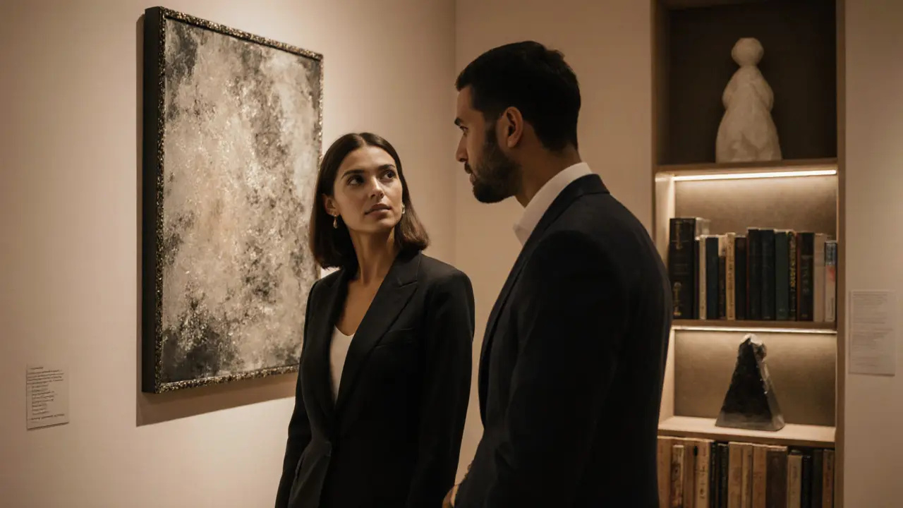 A man and woman observe an Emirati painting together in a quiet, upscale art gallery.