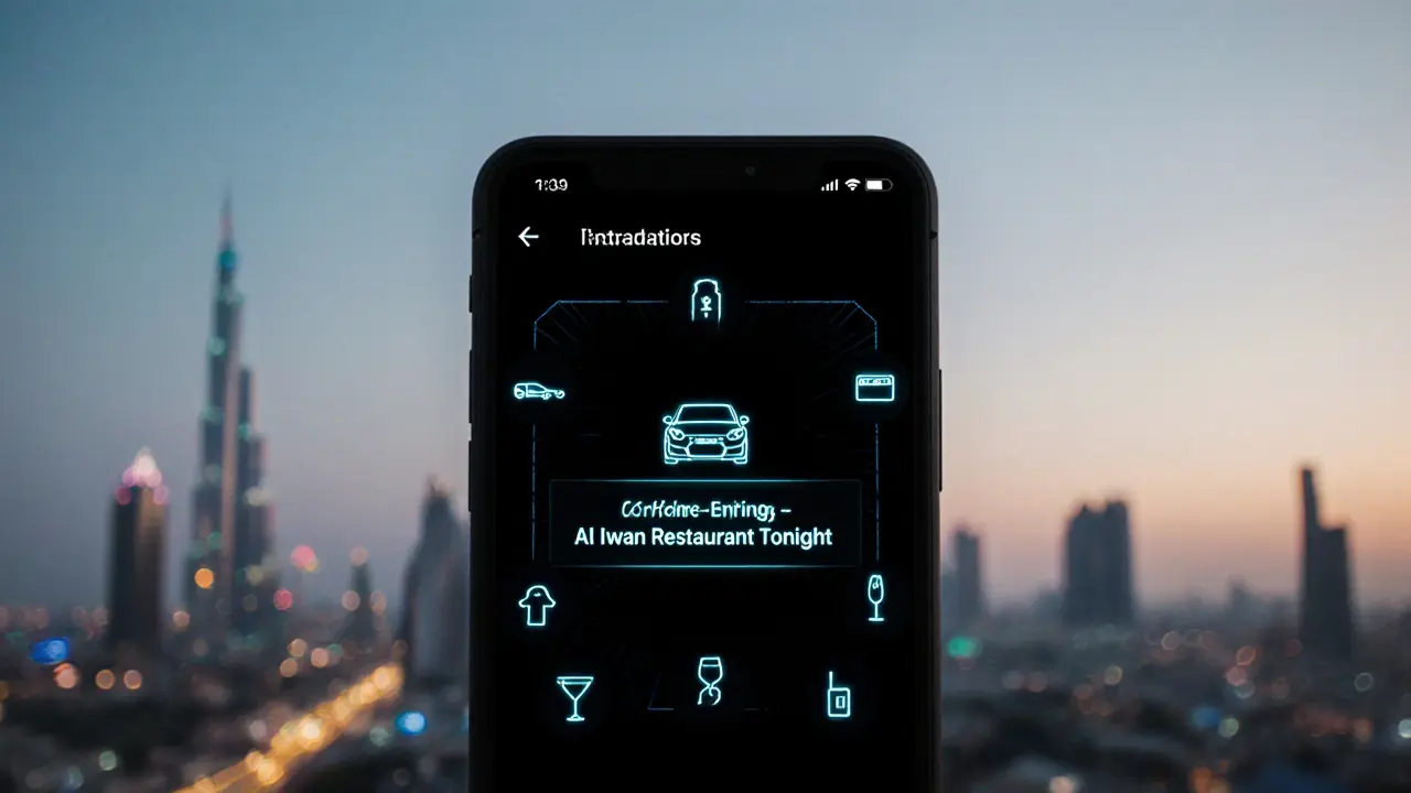 A smartphone screen displays a minimalist booking portal with luxury symbols, no text visible.