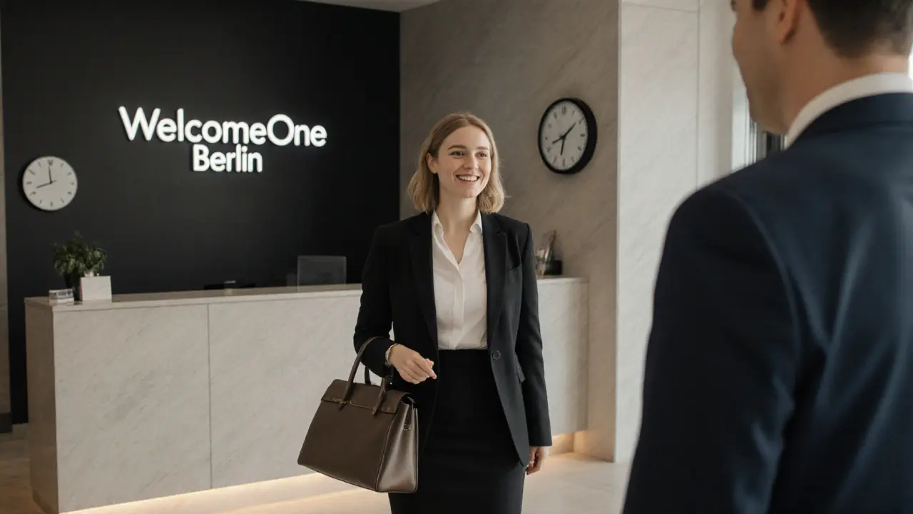 An escort and client greeting each other professionally in a hotel lobby.