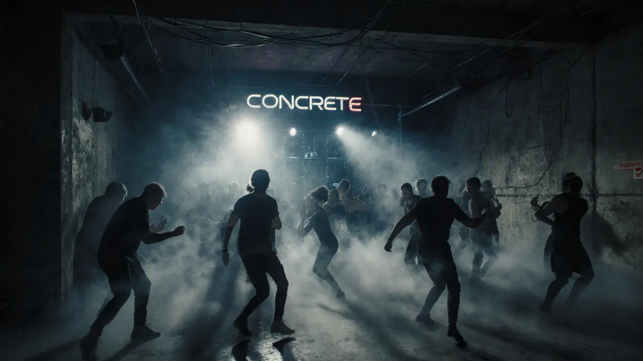 An underground techno club with fog, strobe lights, and dancers on a concrete floor, no VIP area.