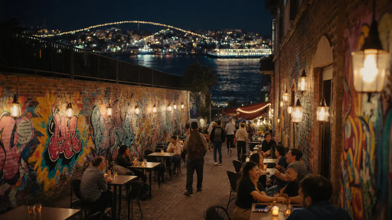 Busy Kadıköy street with street art, outdoor cafés, and a rooftop terrace overlooking ferry lights.