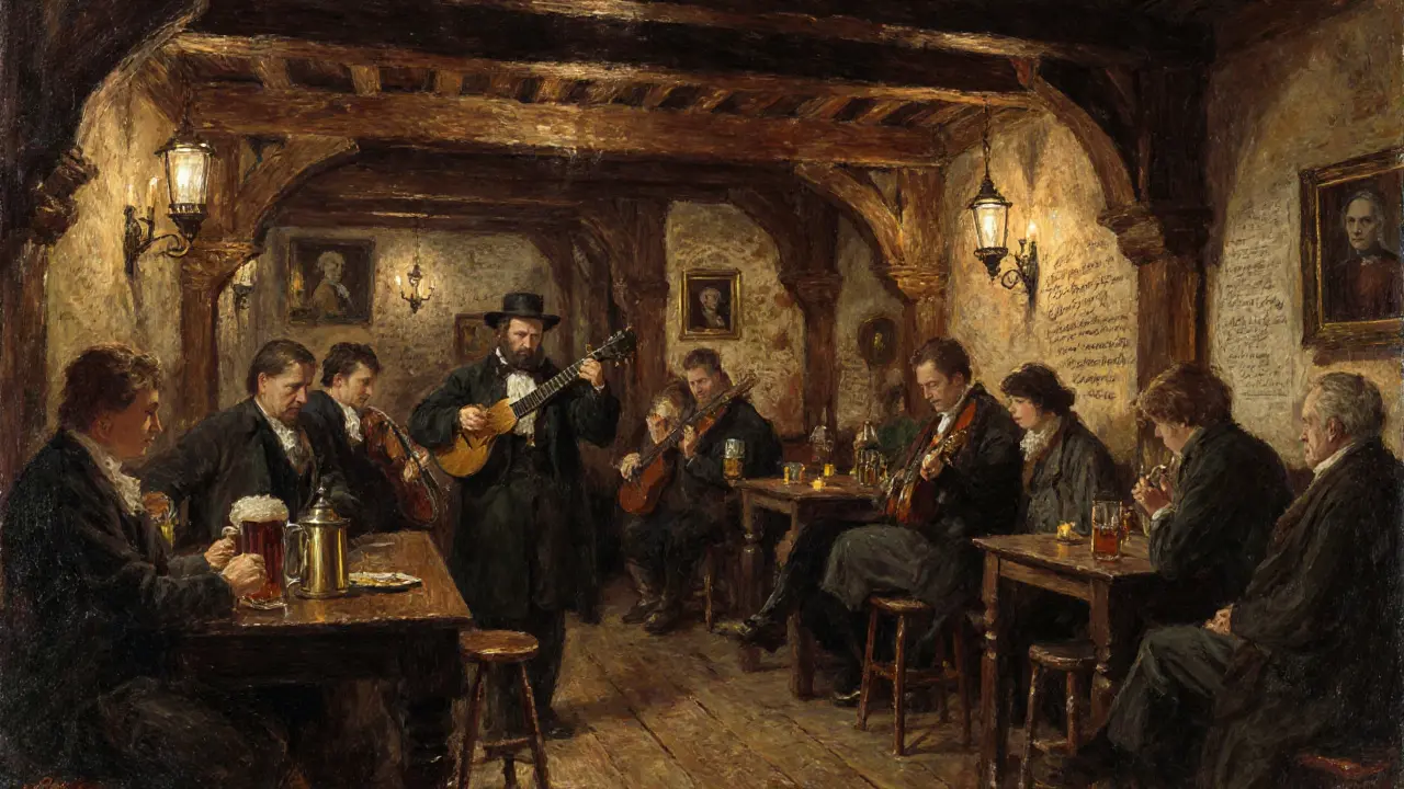 Candlelit timber cellar of a historic pub with folk musicians.