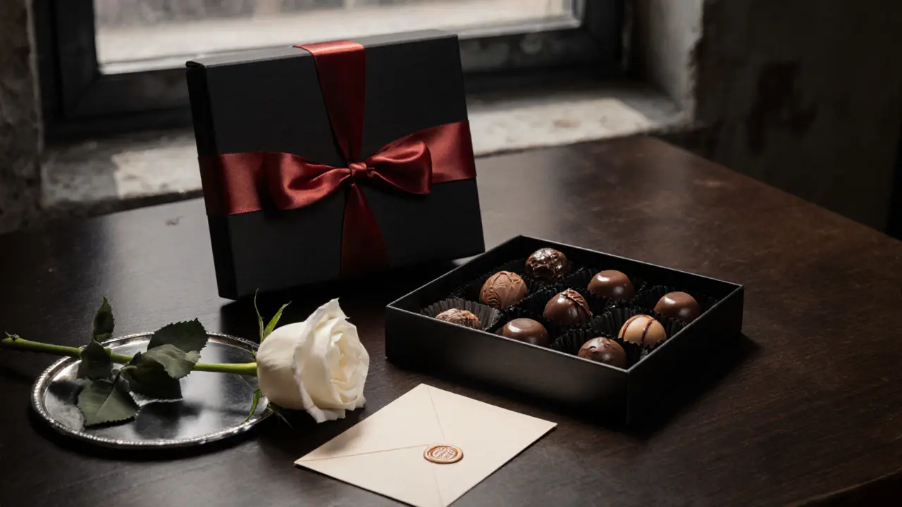 Close‑up of premium chocolates, silk ribbon, rose and envelope on a walnut table.
