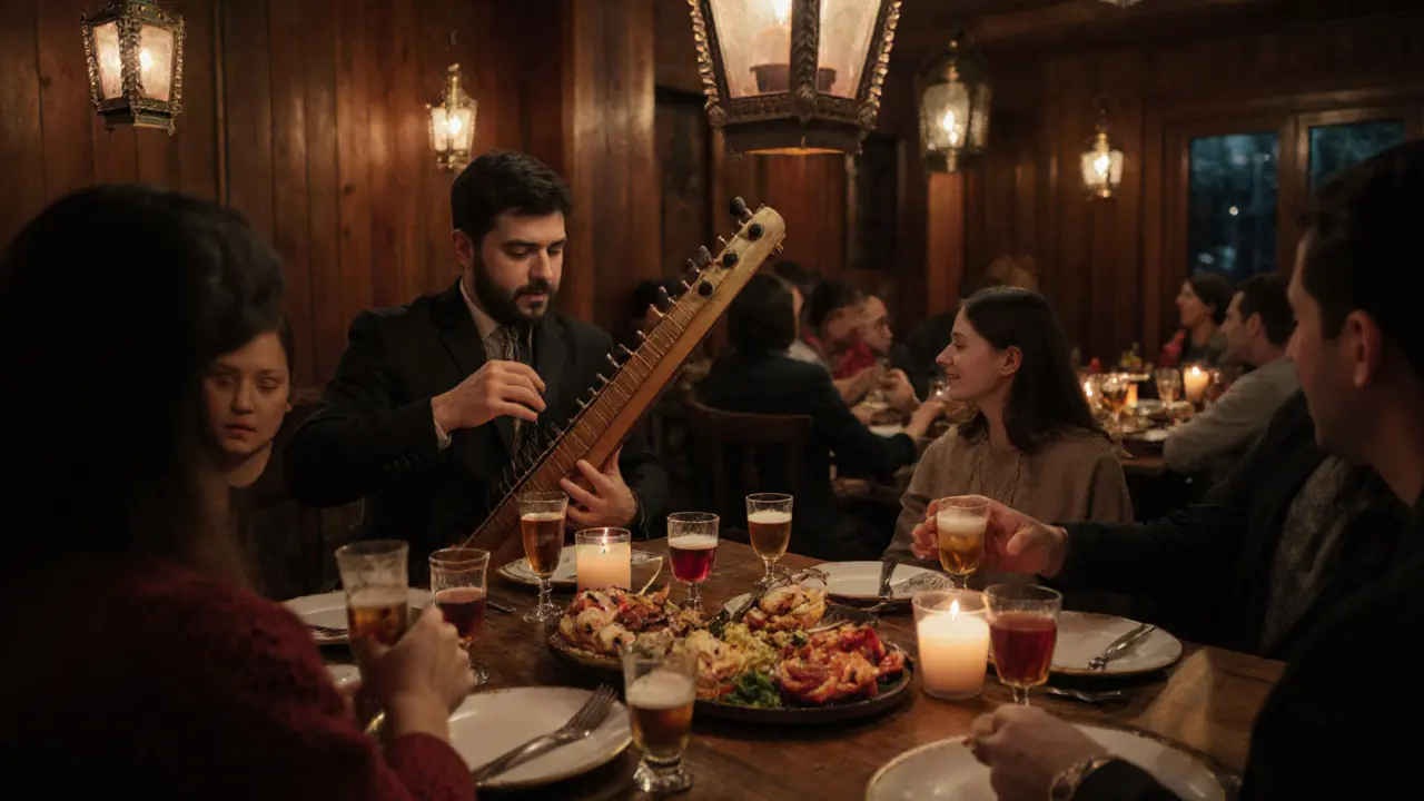 Cozy traditional tavern interior with mezze, rakı glasses, and a folk musician.