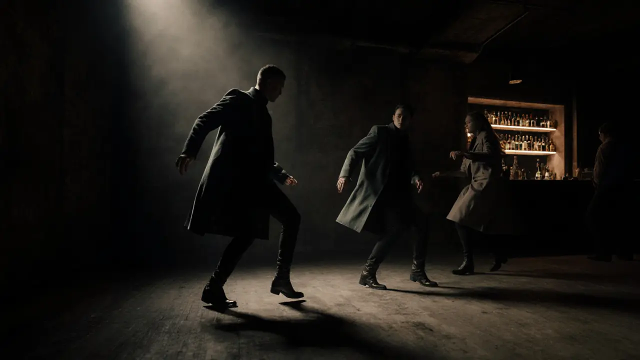 Dark nightclub beneath an opera house with dancers silhouetted under a single spotlight.