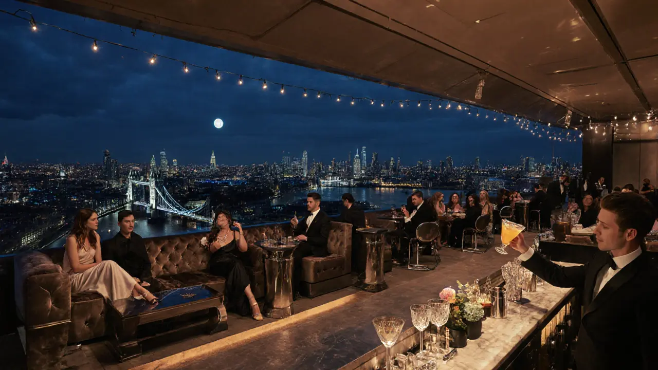 Elegant guests enjoying a Mayfair rooftop lounge with city skyline.