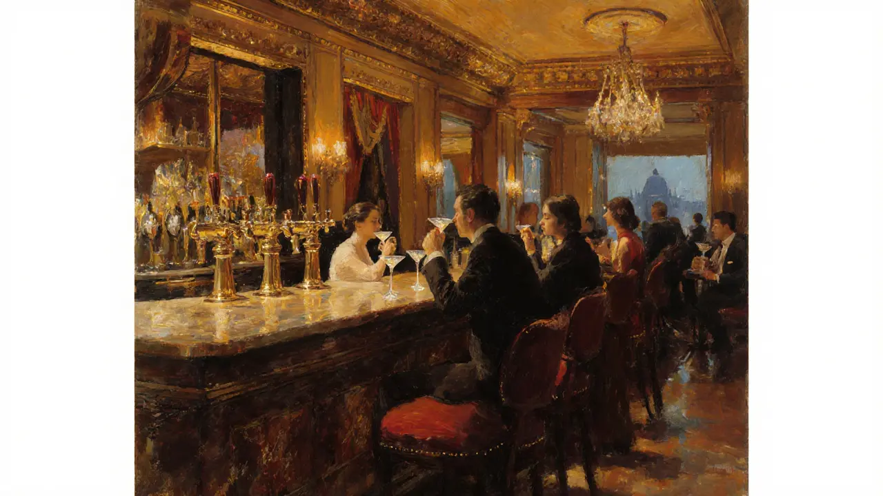 Elegant interior of Le Bar Américain with marble bar and patrons enjoying drinks.