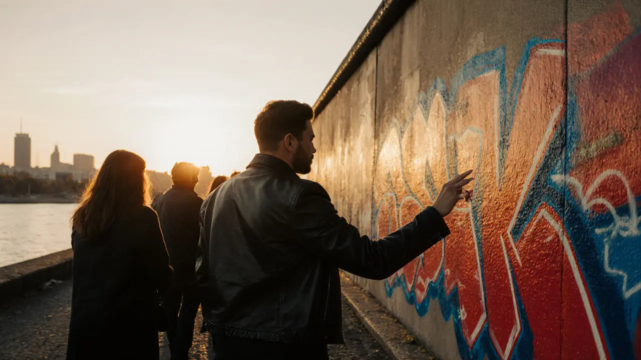 Escort pointing out a vibrant mural on the East Side Gallery during sunset.