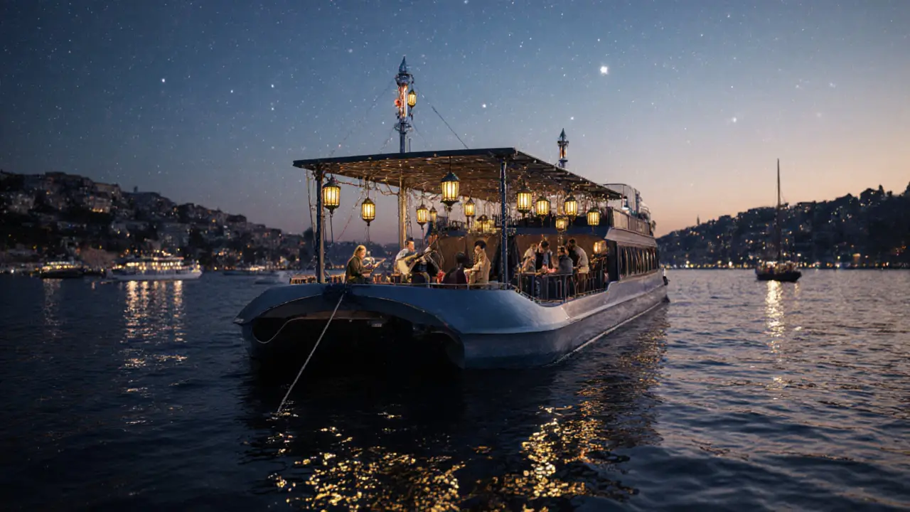Floating nightclub on the Bosphorus at dawn with live oud and DJ, strangers sharing drinks as the sun rises.