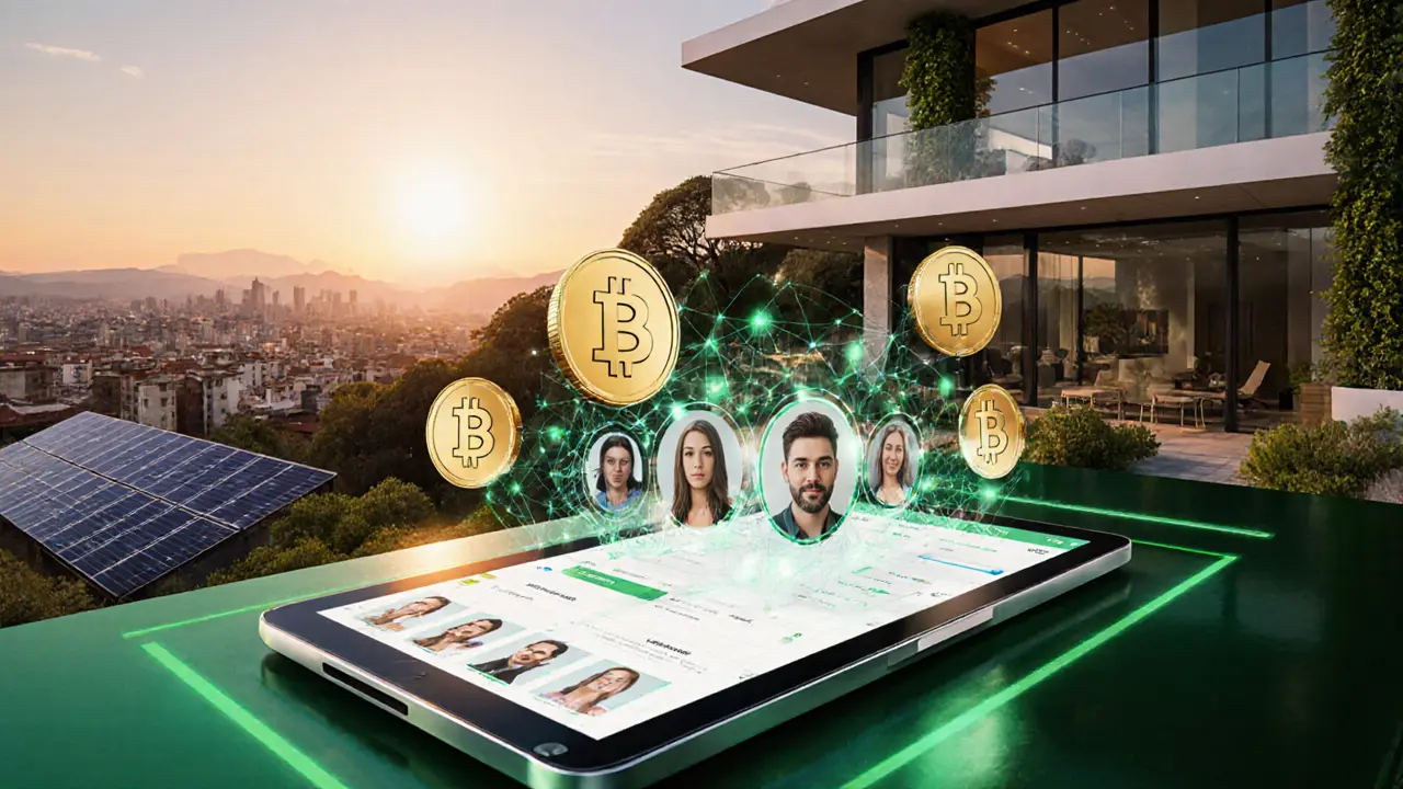Futuristic tablet with AI matching and cryptocurrency near a green luxury villa.