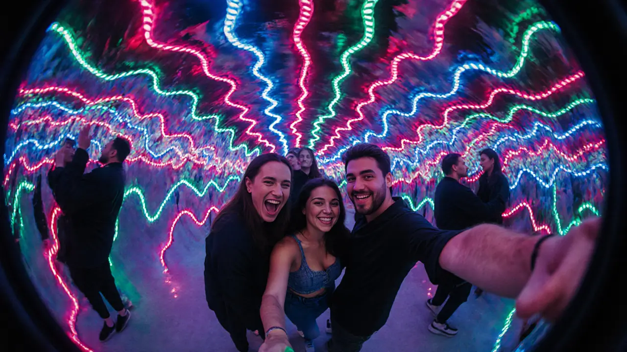 Group selfie in White Dubai's LED tunnel surrounded by pulsing neon lights.