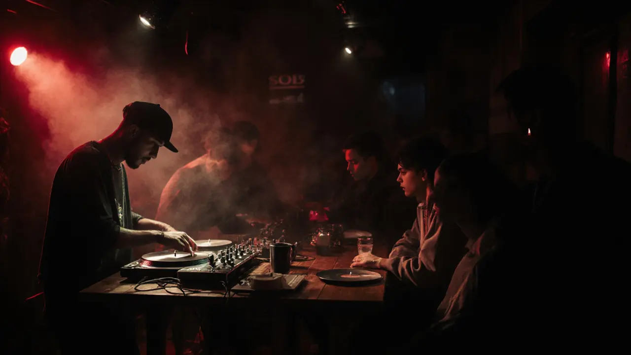 Hidden underground club with dim lighting and DJ spinning vinyl.