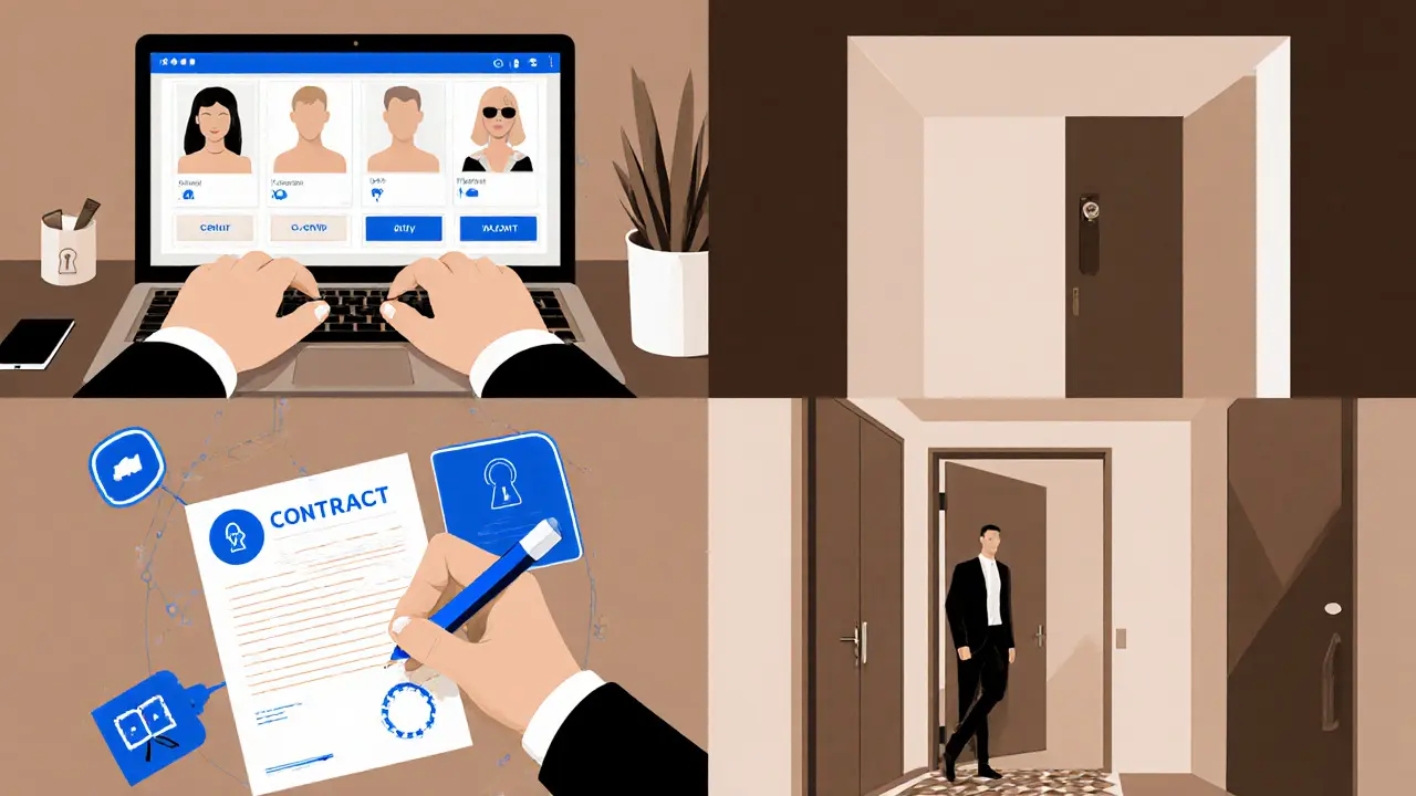Illustrated workflow of a high‑class escort agency showing tech and contracts.