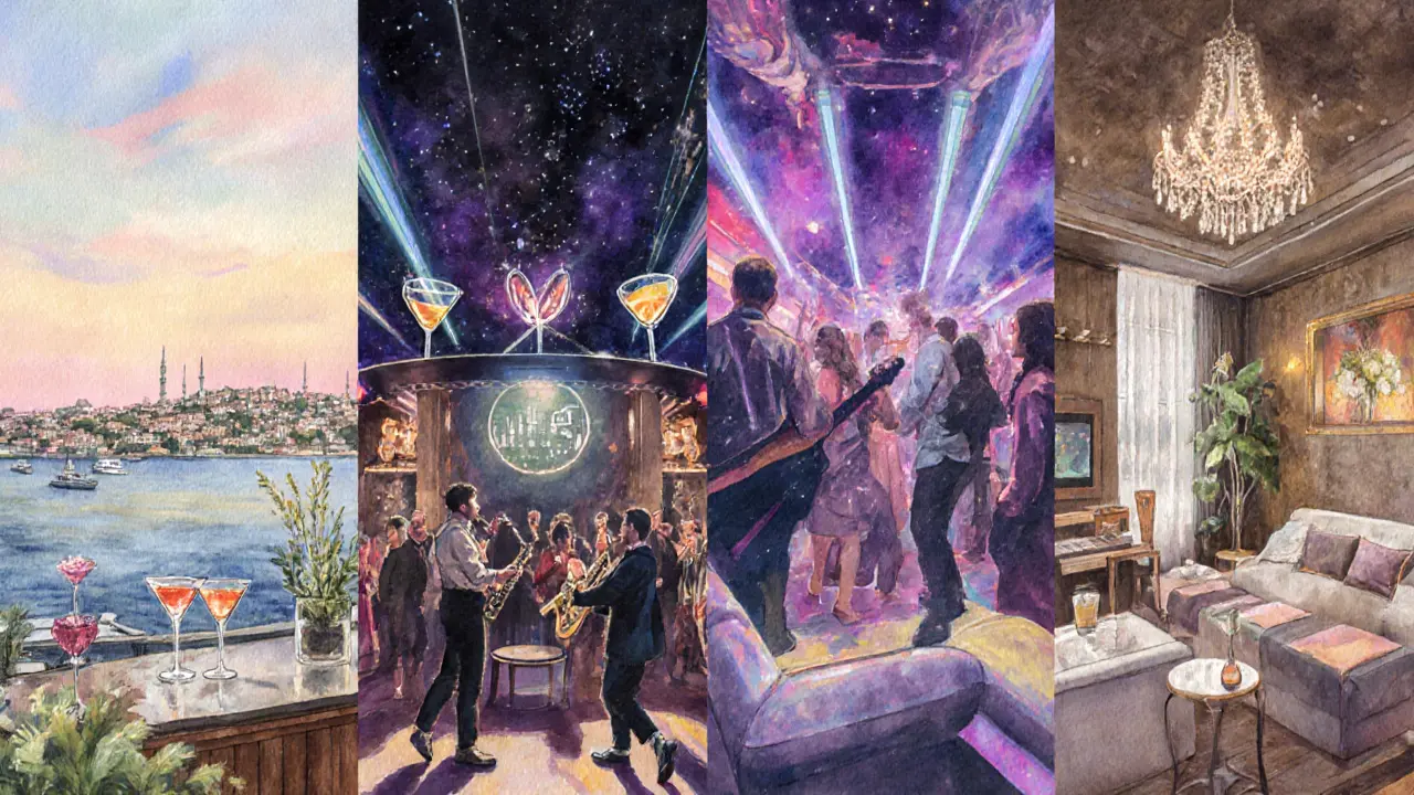 Illustration showing rooftop bar, dance club, live music venue, and chic lounge in four panels.