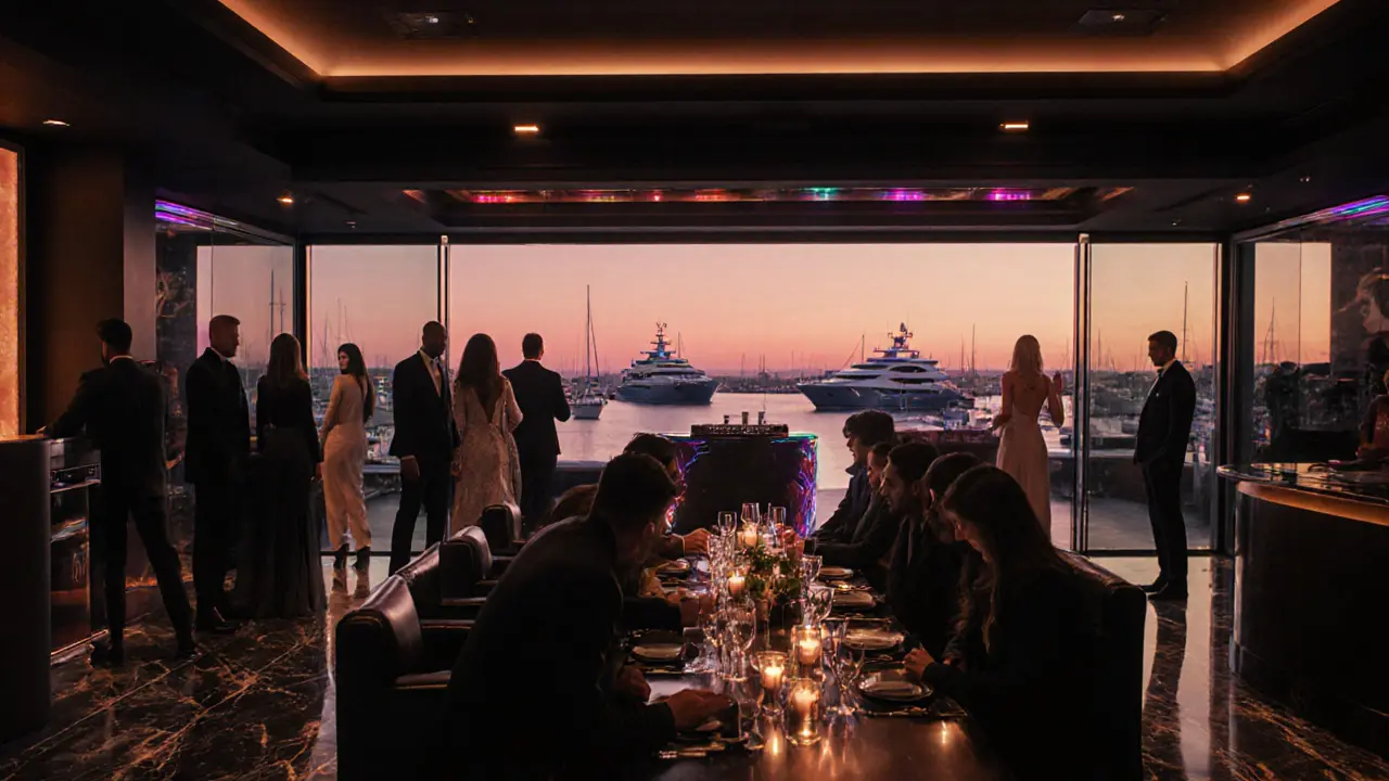 Inside Jimmy'z nightclub showing a VIP table, dancing crowd, and harbor view from the terrace.