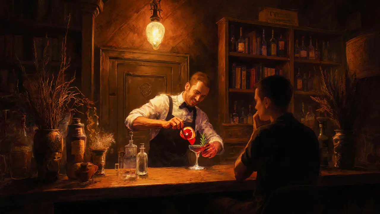 Intimate speakeasy bar with a bartender pouring a rich crimson cocktail in dim amber lighting.