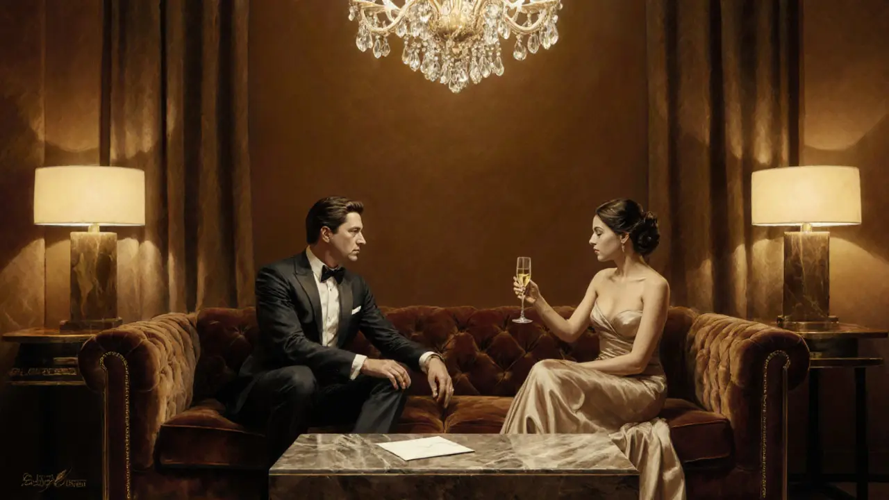 Luxurious hotel suite with a gentleman, companion, champagne, and discreet payment.