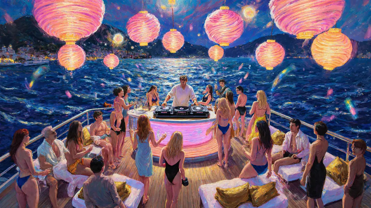 Luxury yacht deck party with DJ, stylish guests in swimwear, and sparkling sea at night.