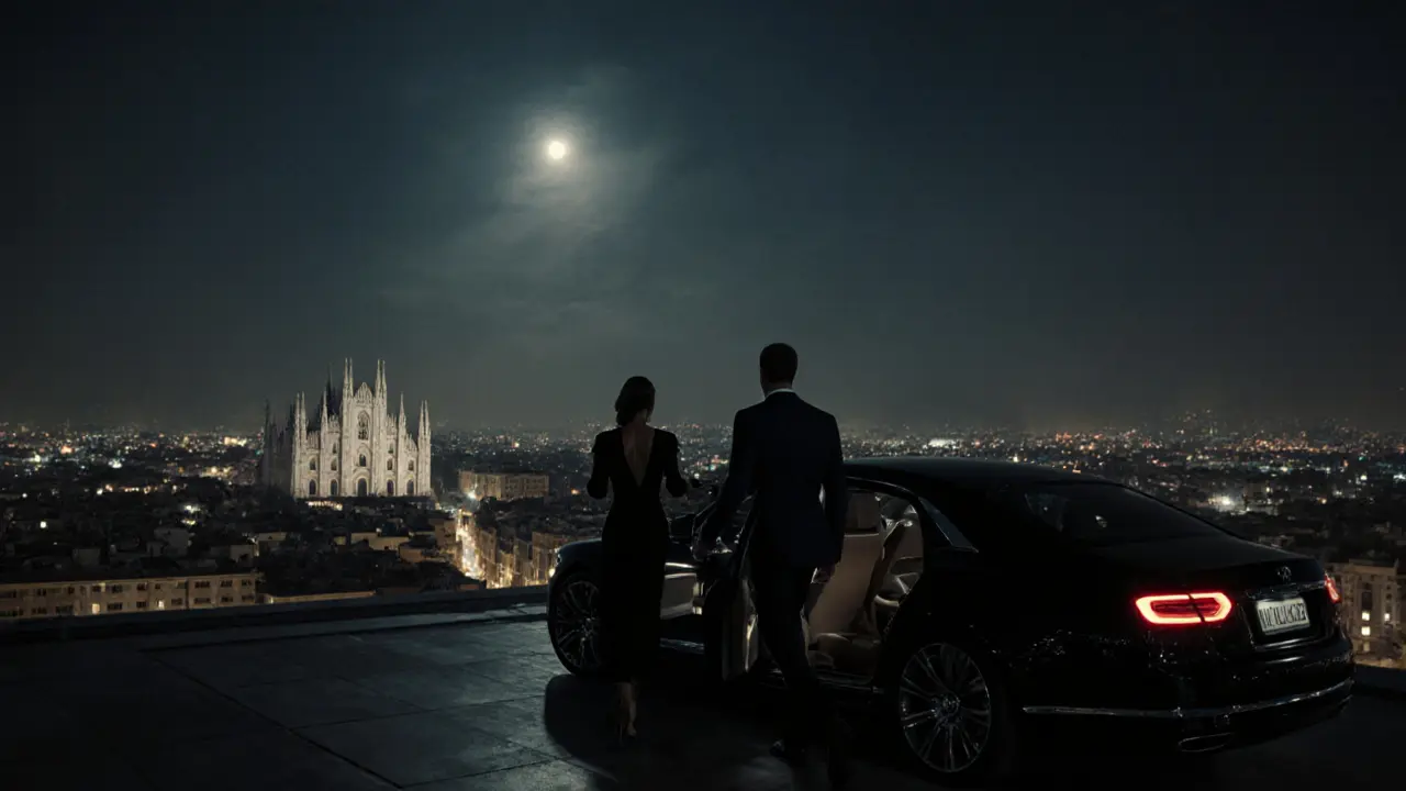 Man in suit exiting a luxury car on a rooftop with city lights, accompanied by a poised escort.