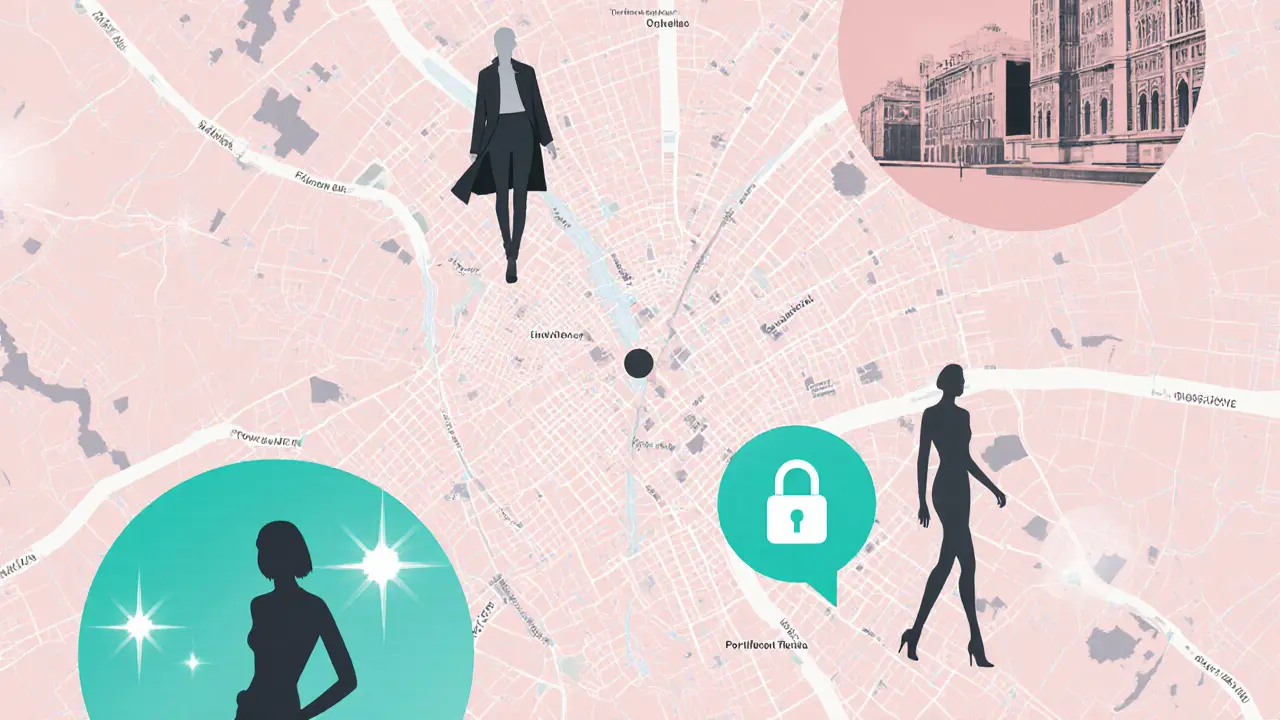 Map of Milan districts with fashion silhouettes, lock and encrypted chat icons.