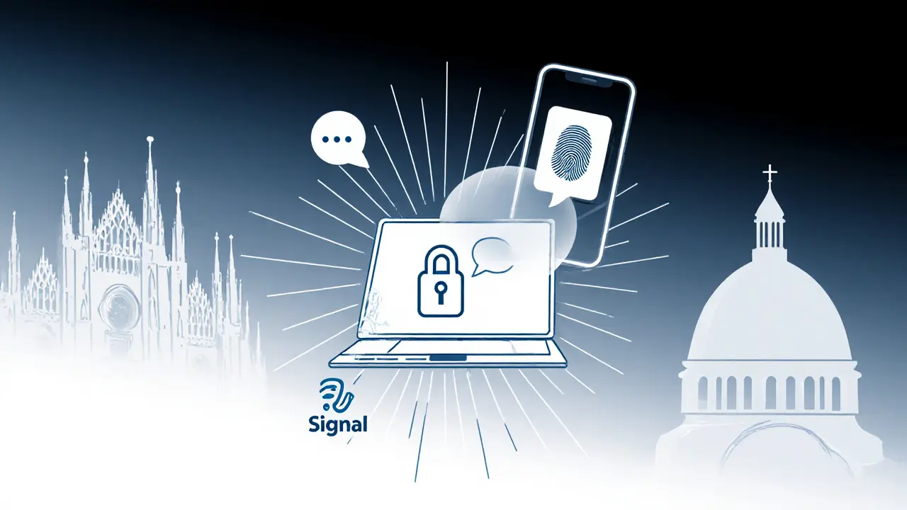 Minimalist illustration of secure booking with laptop, smartphone, and Milan landmarks.