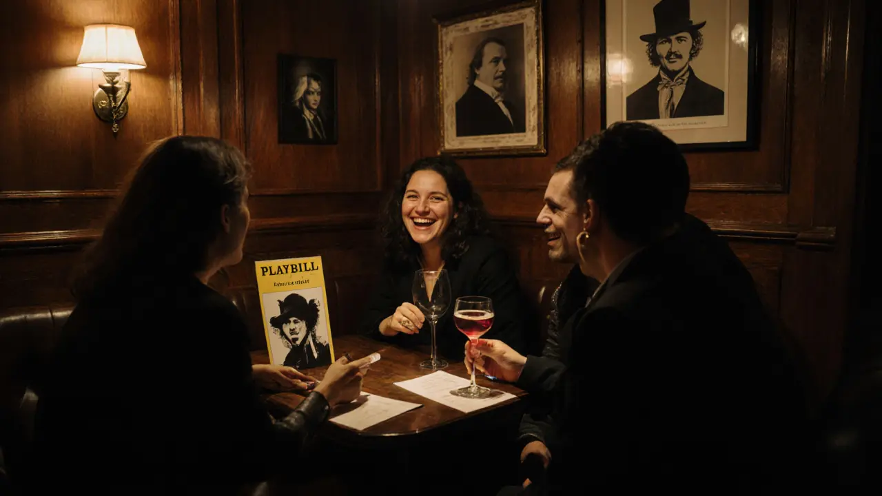 Quiet interior of a historic Soho club with theatre-goers enjoying drinks in dim light.