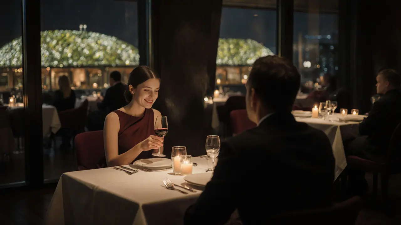 Refined escort discussing a dinner menu with a guest in a candlelit restaurant.
