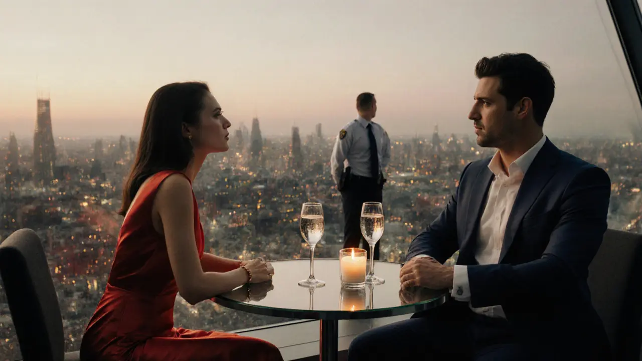 Romantic rooftop lounge scene with escort and client, warm lighting, city view.