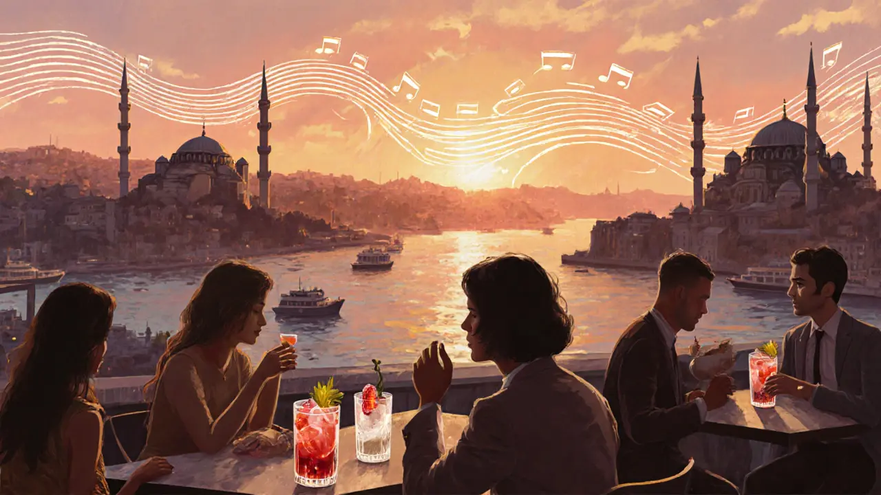 Rooftop bar overlooking the Bosphorus at sunset with guests sipping cocktails and the Galata Tower glowing.