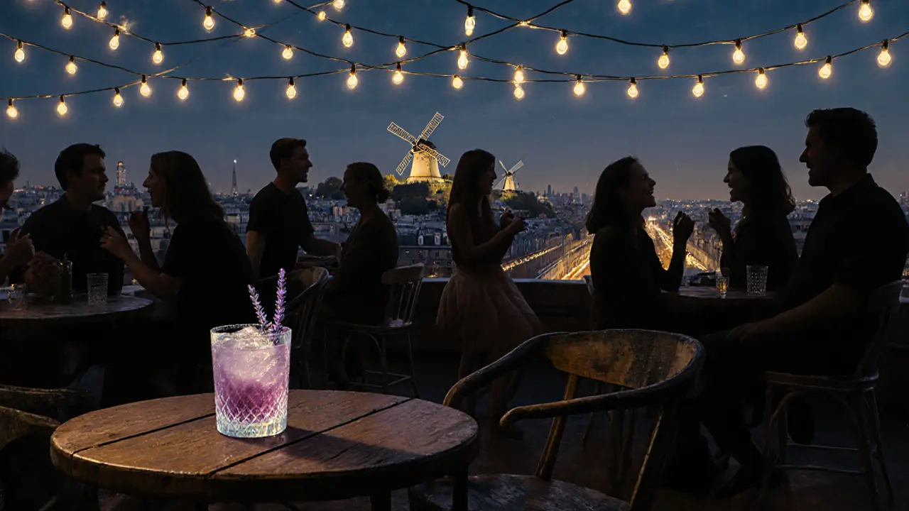 Rooftop bar with string lights and city skyline view, people silhouetted against Paris at night.