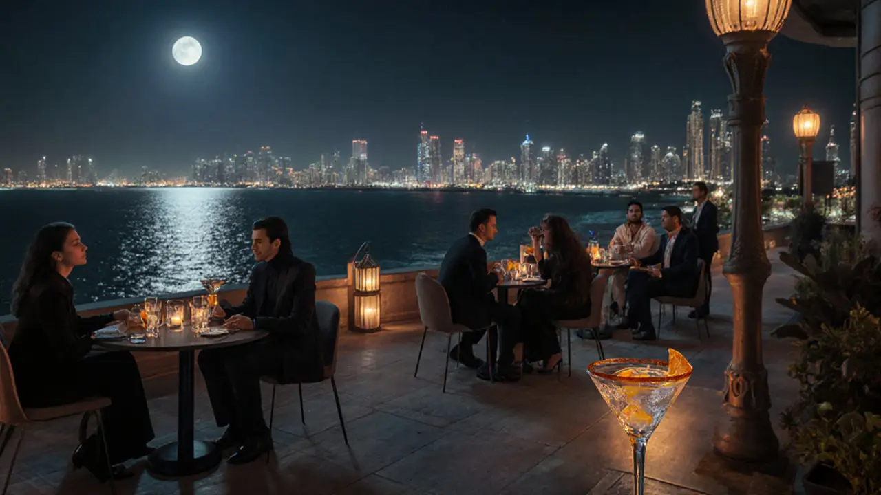 Rooftop speakeasy at night with guests sipping Saffron Spritz overlooking the Arabian Gulf.
