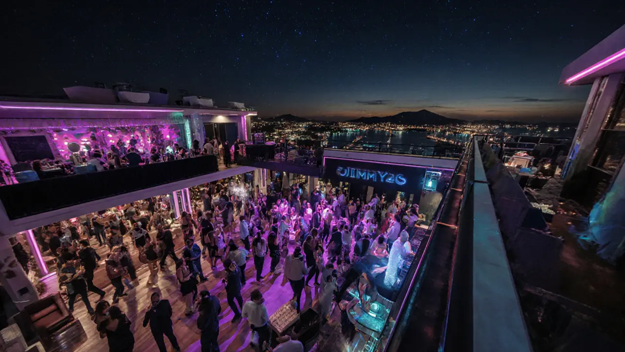 Rooftop terrace of Jimmy’z nightclub with dancing guests and sea backdrop.