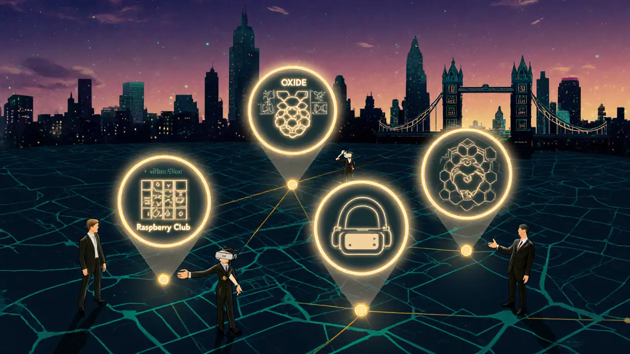 Stylized London map linking tech venues with icons for coding, crypto, and VR.