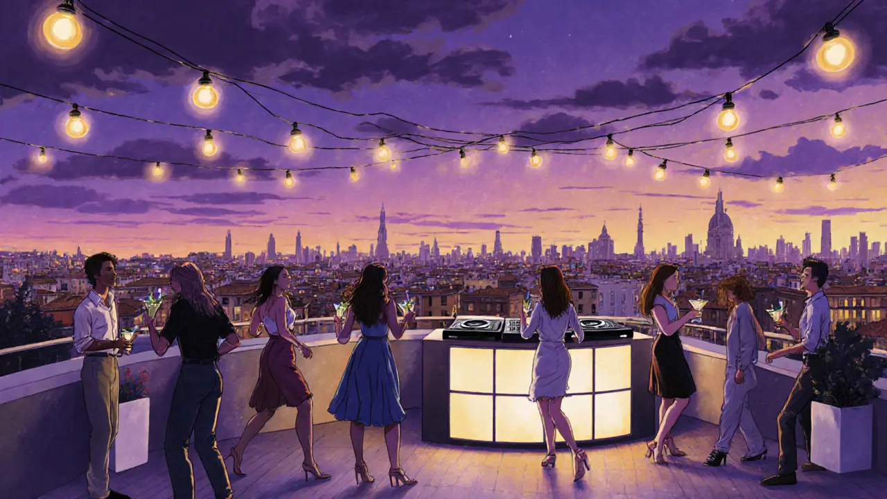 Summer rooftop party with DJ, dancing crowd, and city skyline at dusk.