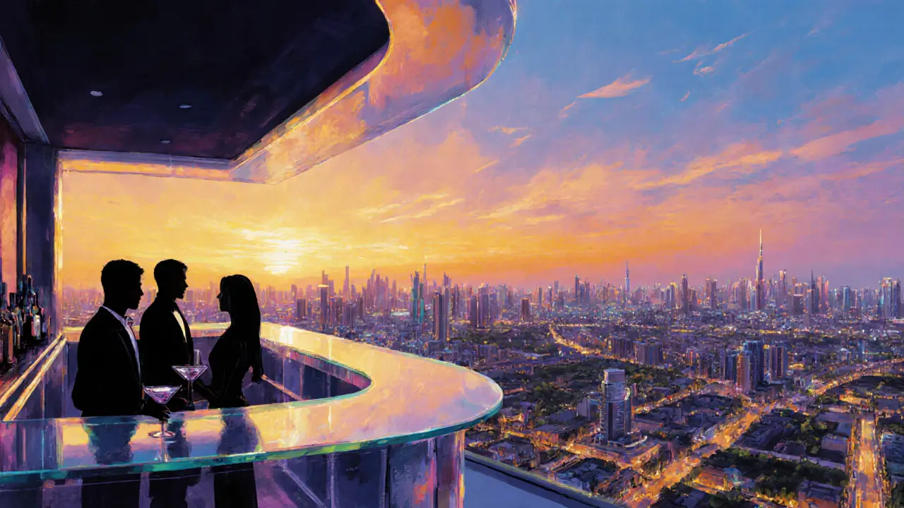 Sunset rooftop at Apex with silhouetted patrons and panoramic city lights.