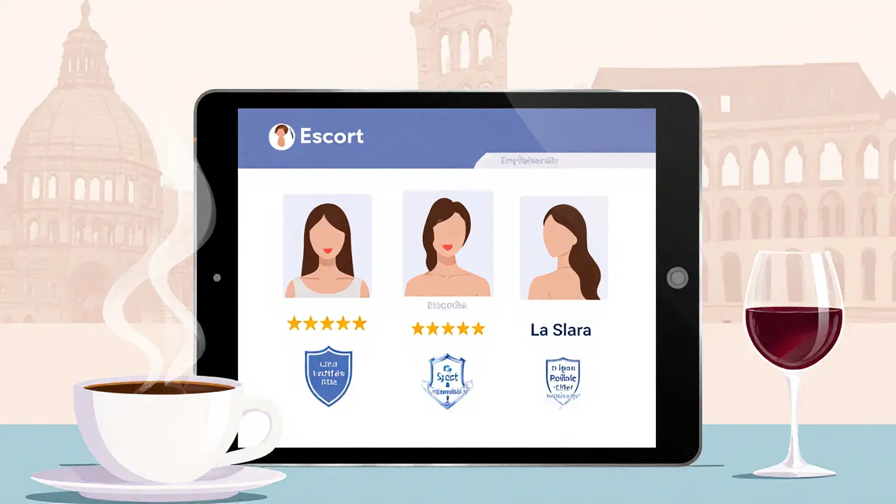 Tablet and coffee on a table showing agency profile cards and rating icons, hinting at research.