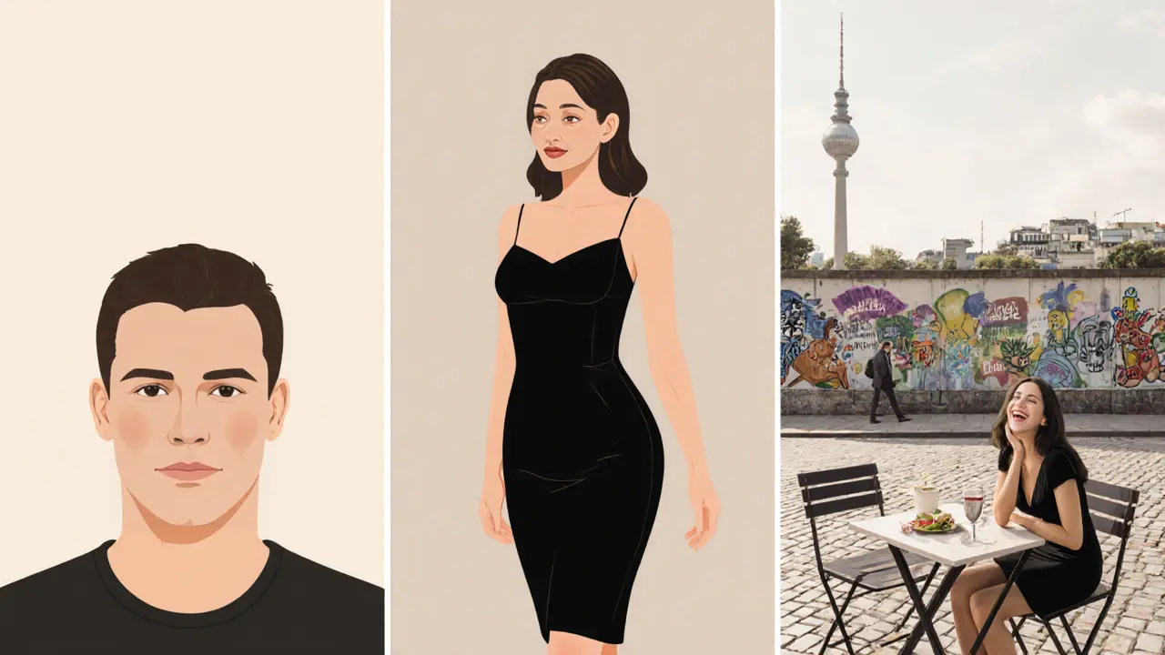Three side‑by‑side profile photos: headshot, full‑body, and café lifestyle image.