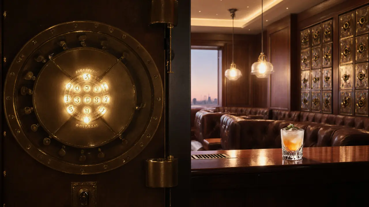Vault 6 interior shows brass safes, leather booths, and a gold cocktail behind a bank vault door.