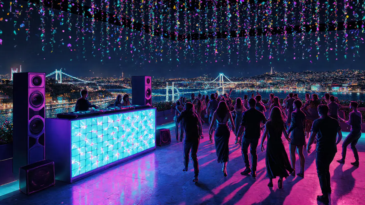 Vibrant rooftop club scene with neon lights, DJ booth, and dancing crowd.