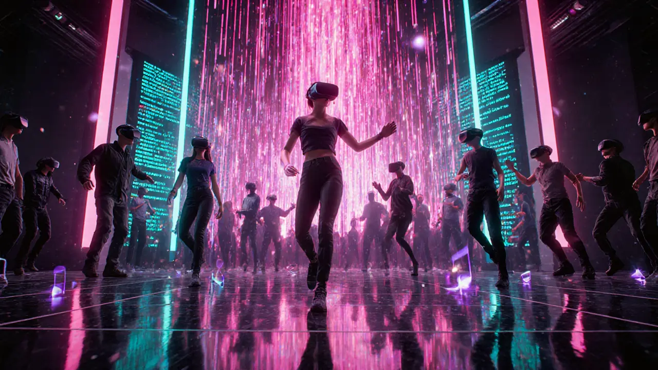 VR Club Lab interior with neon lights, people in VR headsets dancing.