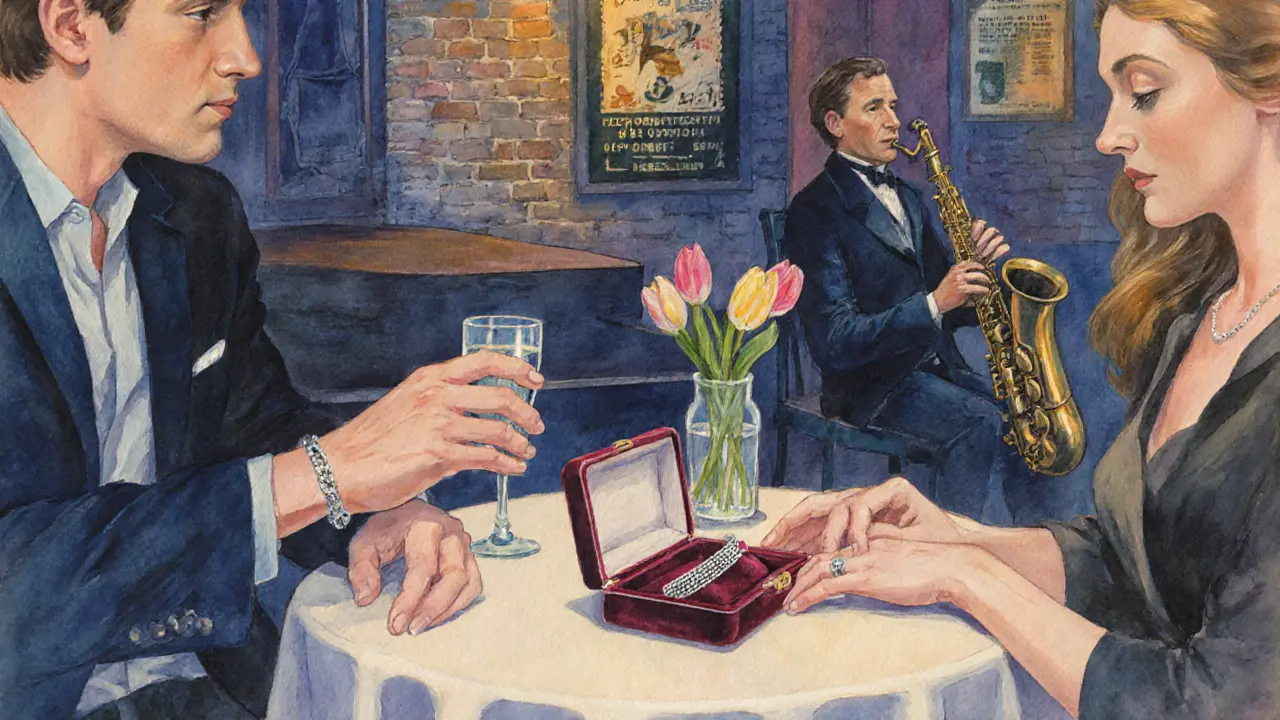 Watercolor of a jazz club scene with a velvet jewelry box and tulip vase on a table.