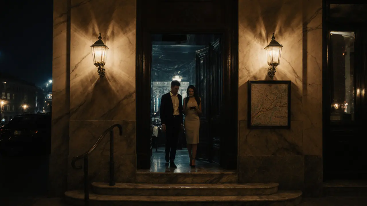 Well‑dressed couple entering an upscale lounge near the Duomo at night.