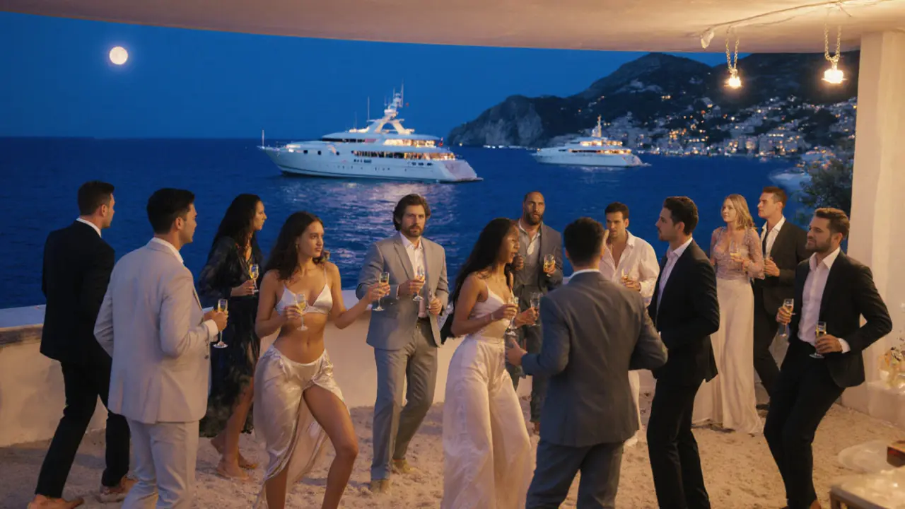 A beachside lounge at night in Monaco, where people dance softly under moonlight with yachts in the distance.