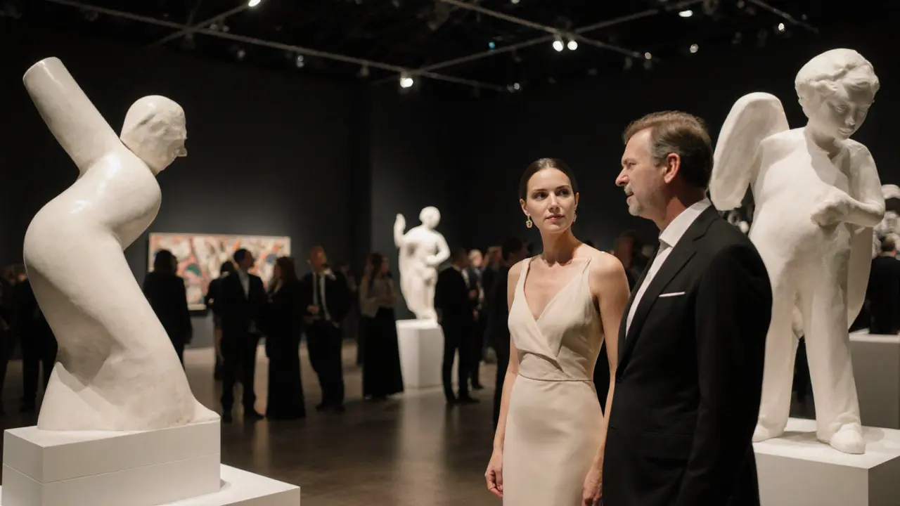 A companion and client viewing art in a quiet gallery, softly lit by spotlights, surrounded by abstract sculptures.