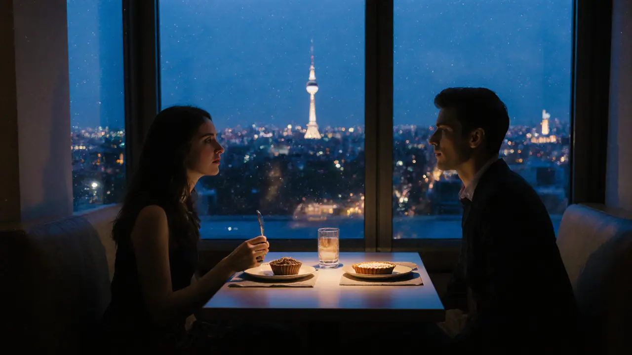 A couple enjoys dessert on a quiet rooftop as Berlin&#039;s city lights shimmer below, glass walls open to the night air.