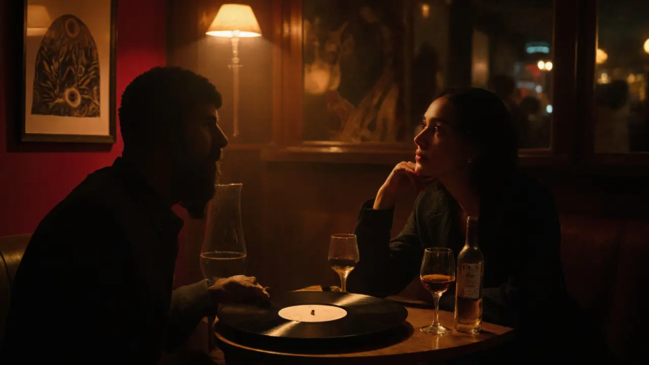 A couple in a cozy jazz bar in Neukölln, sharing a quiet moment over wine.