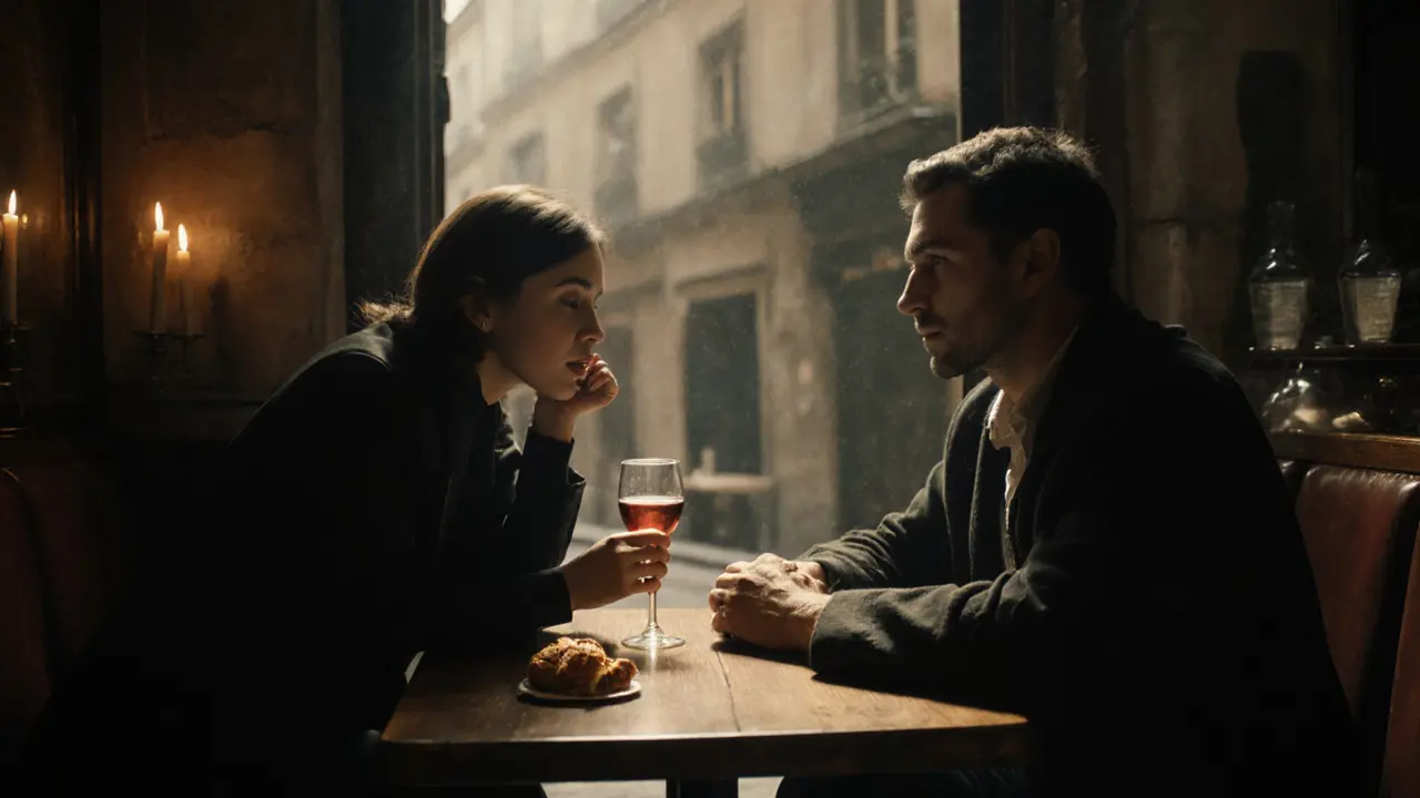 A couple in a cozy Parisian bistro sharing wine and quiet conversation by candlelight.