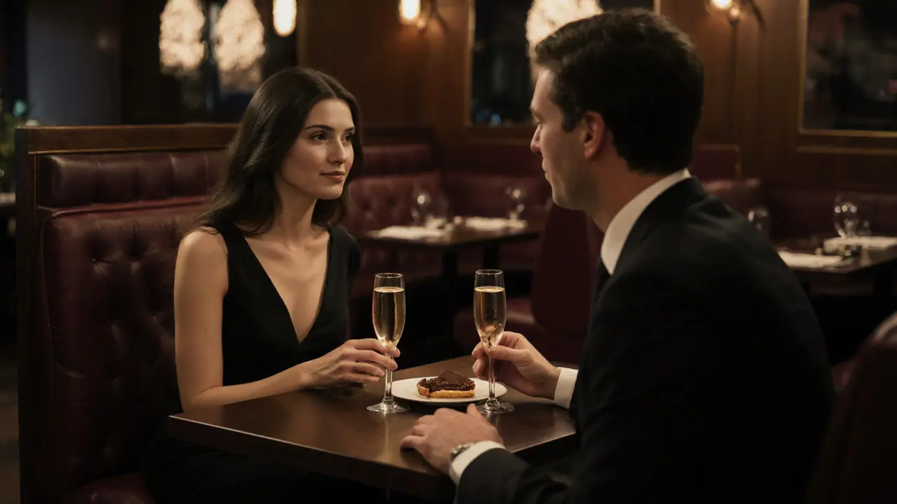 A couple in elegant attire sharing dessert in a dimly lit exclusive lounge after hours.